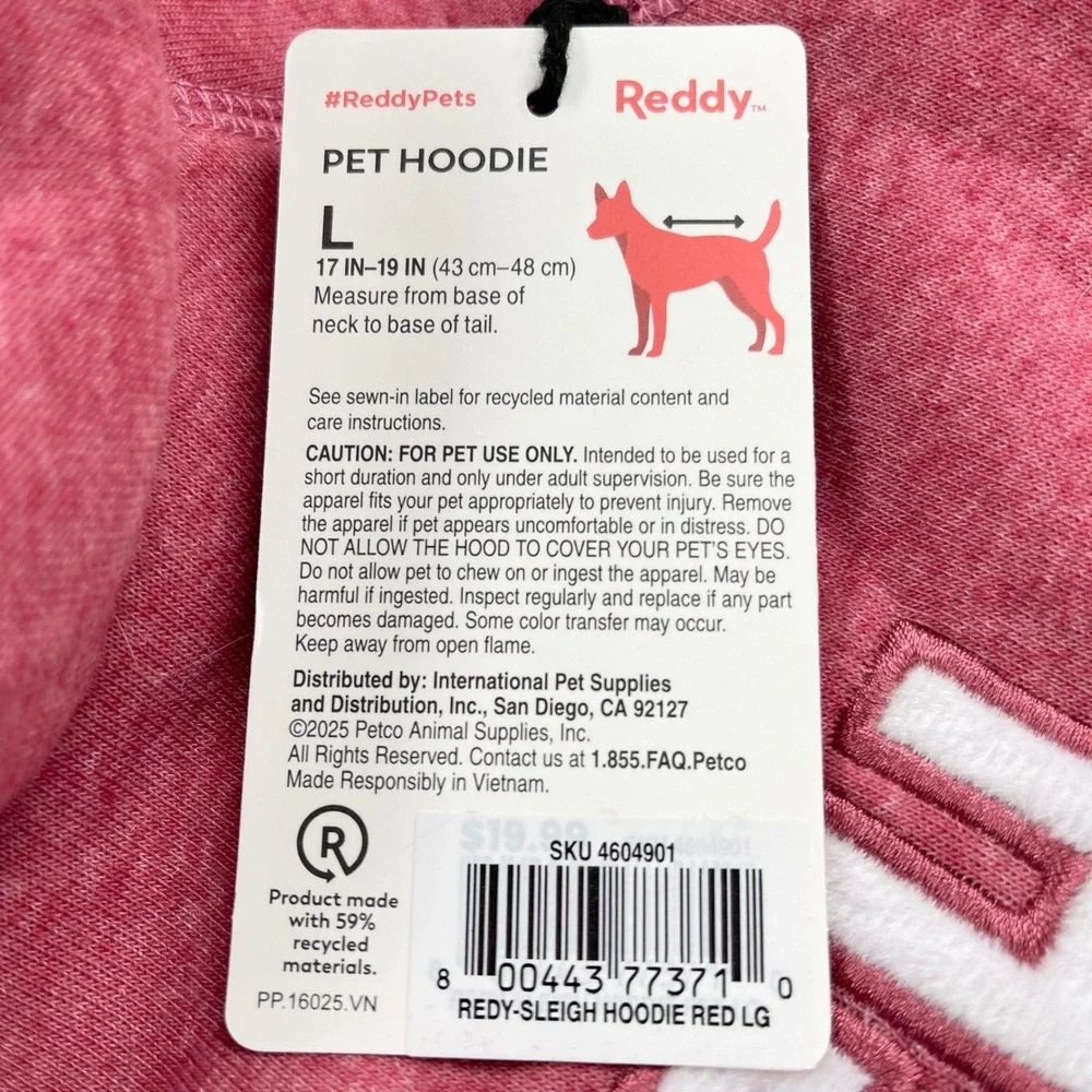 Reddy Sleigh Pet Hoodie Dog Size L Red Heathered Fleece Warm Holiday Minimalist